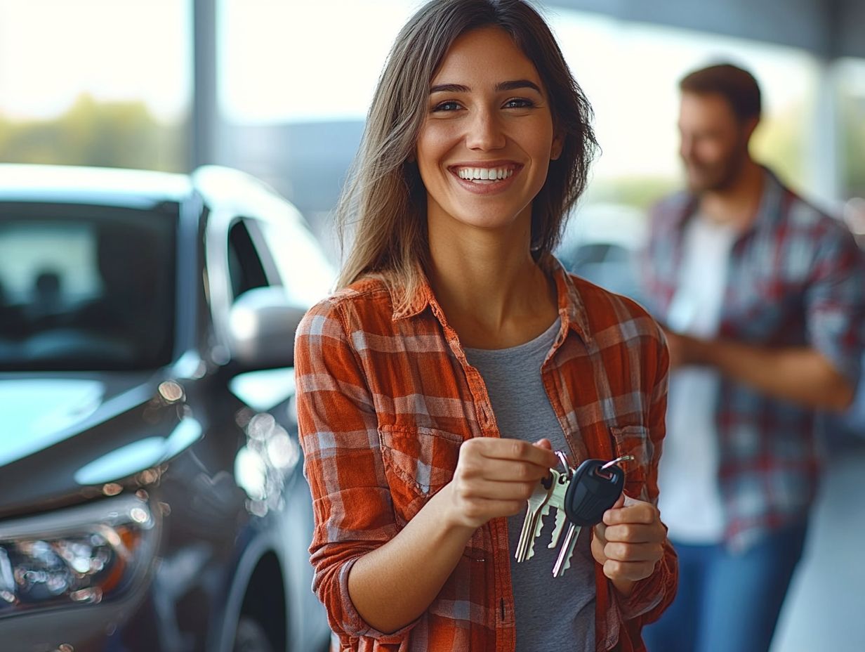 A couple discussing the trade-in value of a car at a dealership.